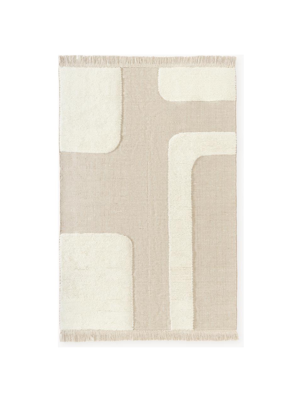 Handgewebter Teppich Laine mit Hoch-Tief-Muster und Fransen, 57 % Wolle (RWS-zertifiziert), 35 % Jute, 8 % Baumwolle, Beige, Cremeweiss, B 160 x L 230 cm (Grösse M)