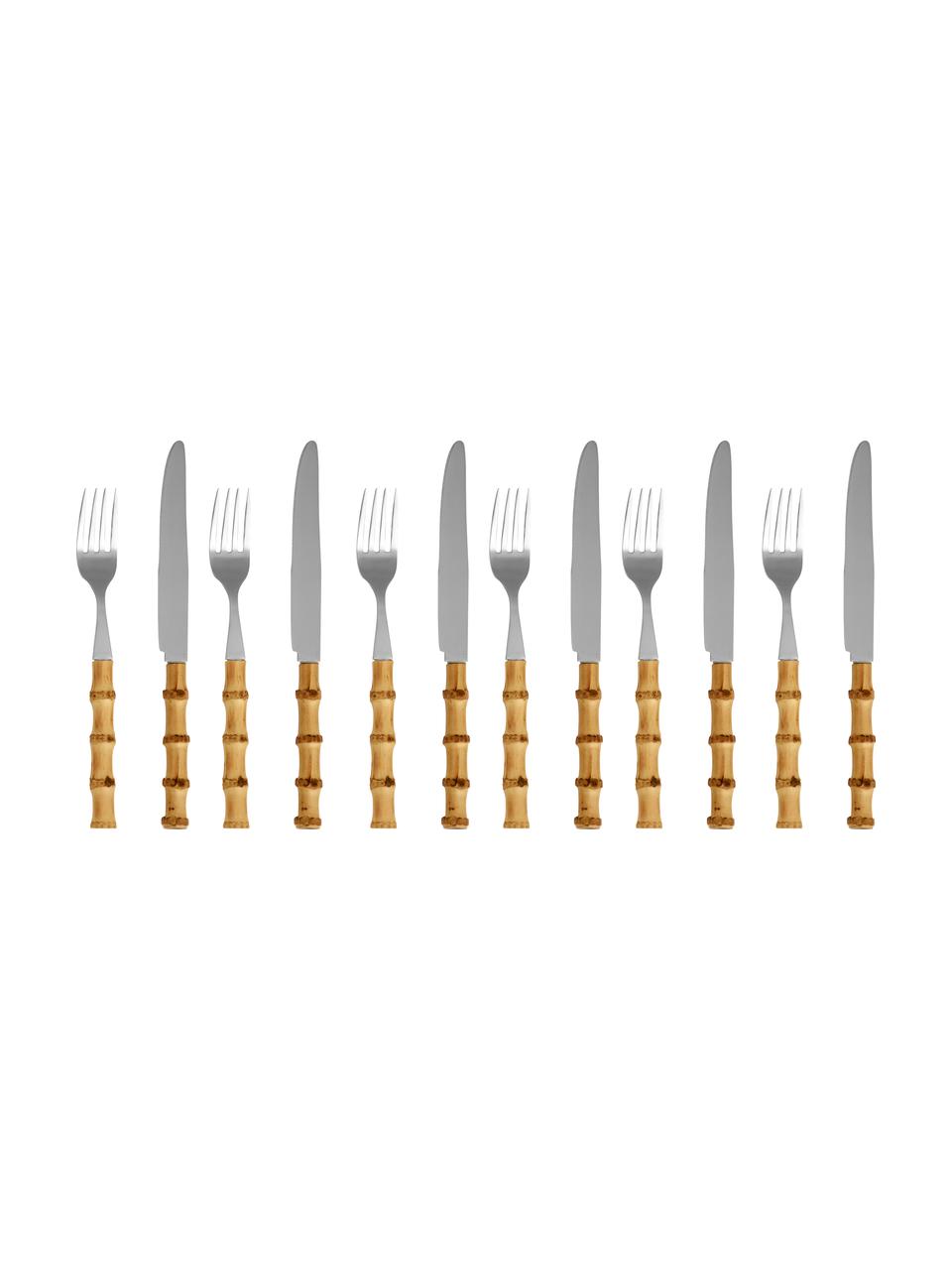 Besteck-Set Bami aus Bambusholz, 6 Personen (12er-Set), Besteck: Edelstahl, Griff: Bambusholz, Beige, Silberfarben, 6 Personen (12-tlg.)