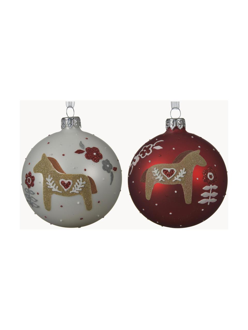 Kerstballen Horses Ø 8 cm, 2 stuks, Rood, wit, beige, Ø 8 x H 8 cm