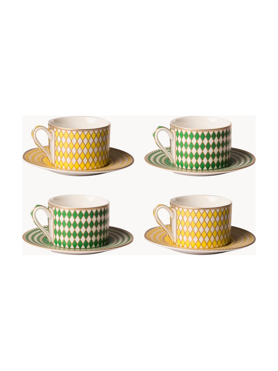 Kaffeetassen Chess mit Untertassen, 4er-Set, Porzellan, glasiert, Gelb, Grün, Off White, Ø 9 x H 6 cm, 200 ml
