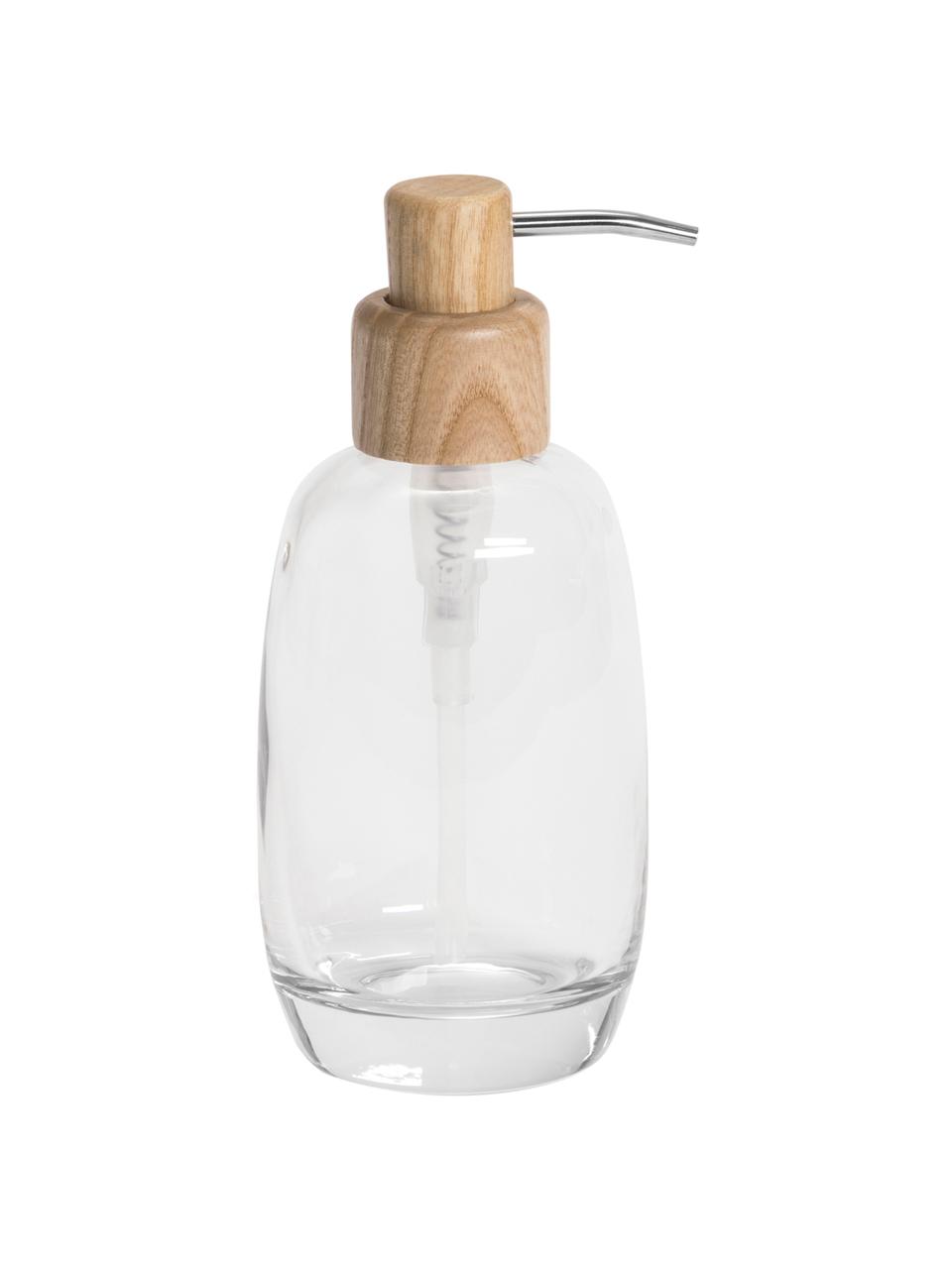 Dispenser sapone Agada, Contenitore: vetro, Testa della pompa: legno di frassino, Trasparente, Ø 8 x Alt. 19 cm