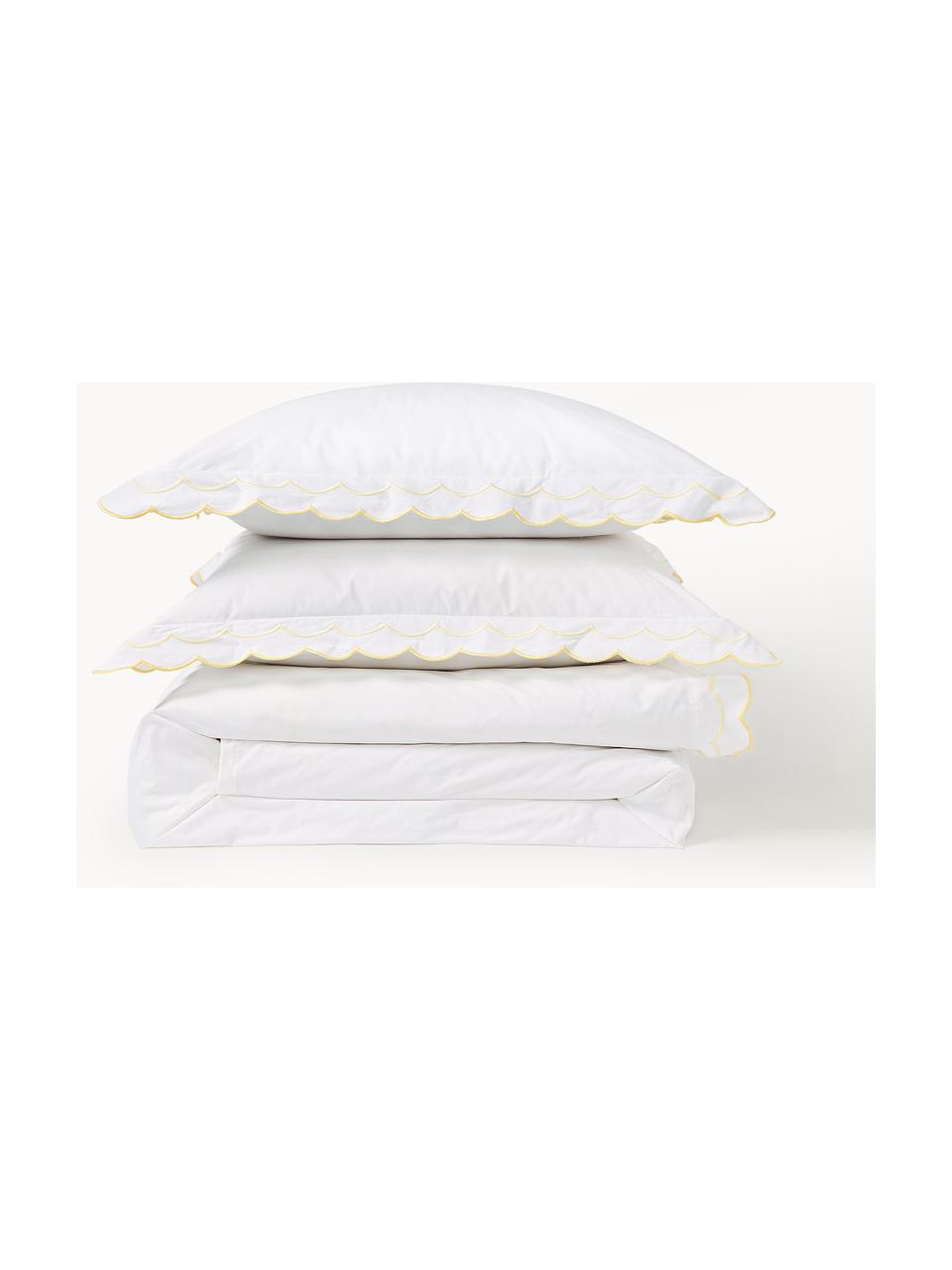 Housse de couette en coton avec volant ondulé Atina, Blanc, jaune pâle, larg. 240 x long. 220 cm