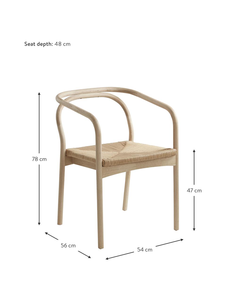 Eichenholz-Armlehnstuhl Holzstuhl Lidingo mit Schnurgeflecht, Rahmen: Eichenholz, weiß gekalkt, Sitzfläche: Papierschnurgeflecht, Beige, B 54 x T 56 cm
