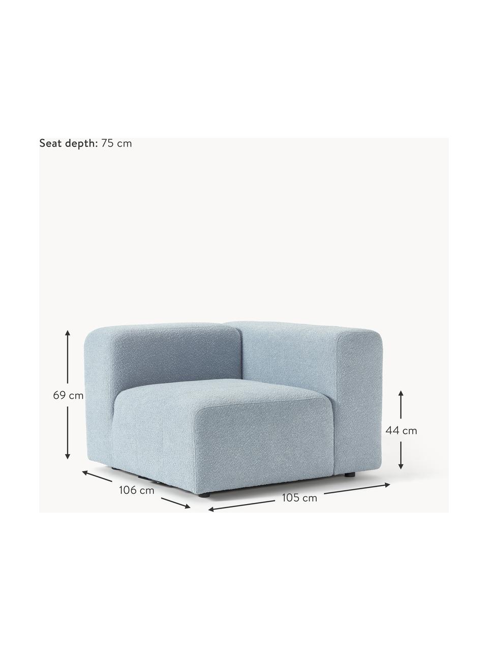 Módulo esquinero bouclé Lena, Tapizado: Bouclé (93% poliéster, 6%, Estructura: madera de pino, contracha, Patas: plástico, Bouclé azul claro, An 105 x F 106 cm, chaise longue derecha