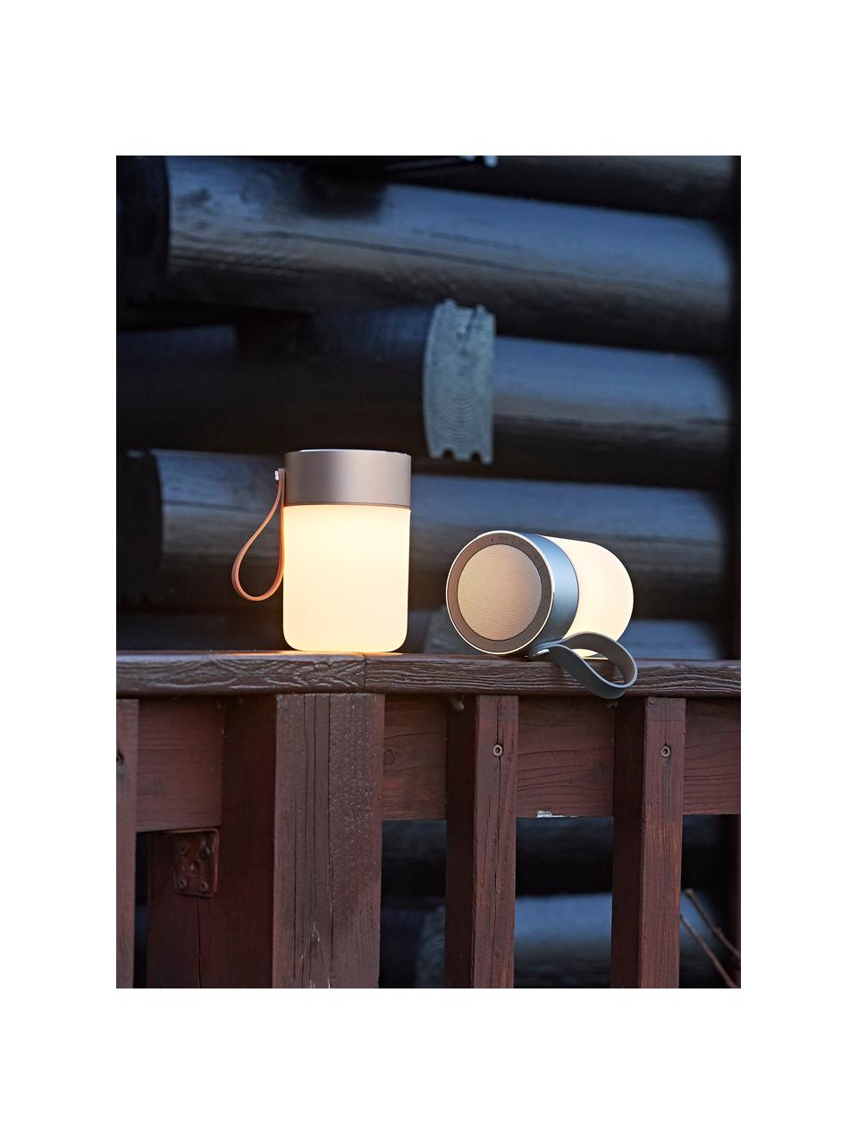 Lámpara para exterior regulable con altavoz Sound Jar, portátil, Pantalla: plástico, Asa: plástico, Plateado, blanco, Ø 9 x Al 14 cm