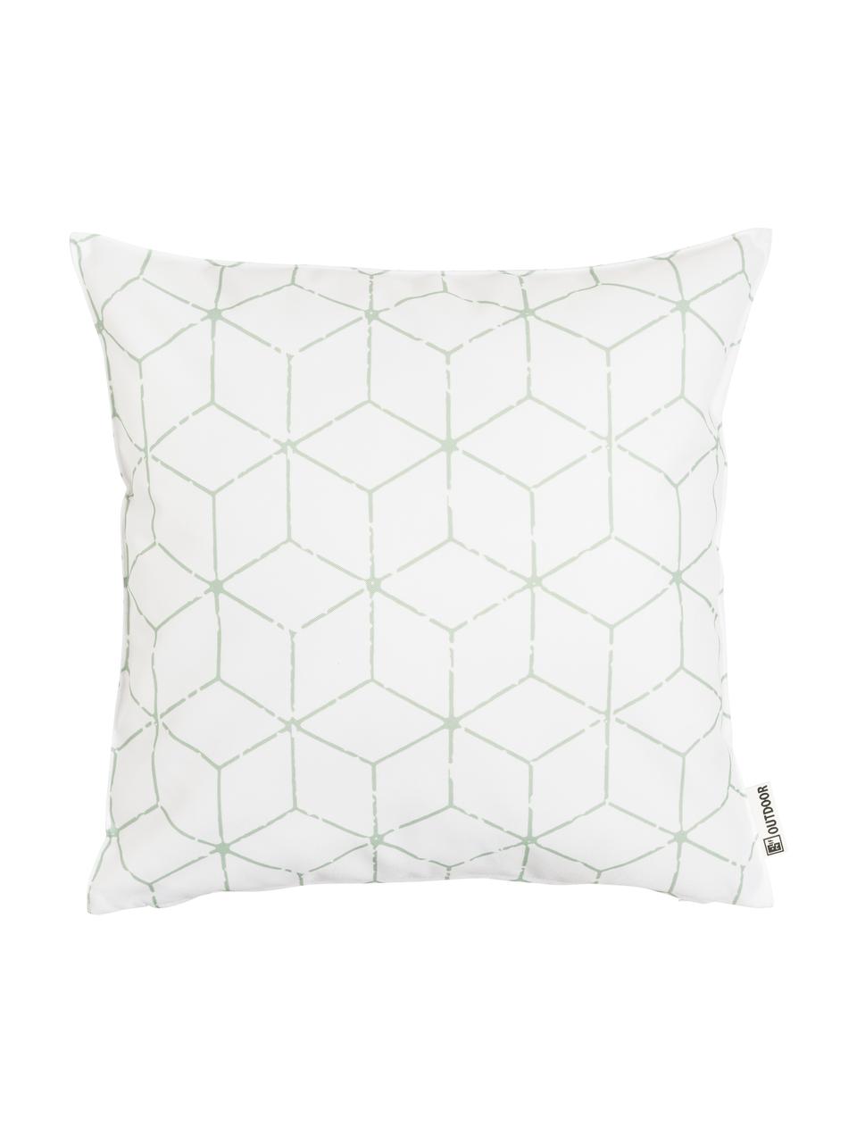 Outdoor-Kissen Cube mit grafischem Muster in Salbeigrün/Weiß, mit Inlett, 100% Polyester, Weiß, Grün, 47 x 47 cm