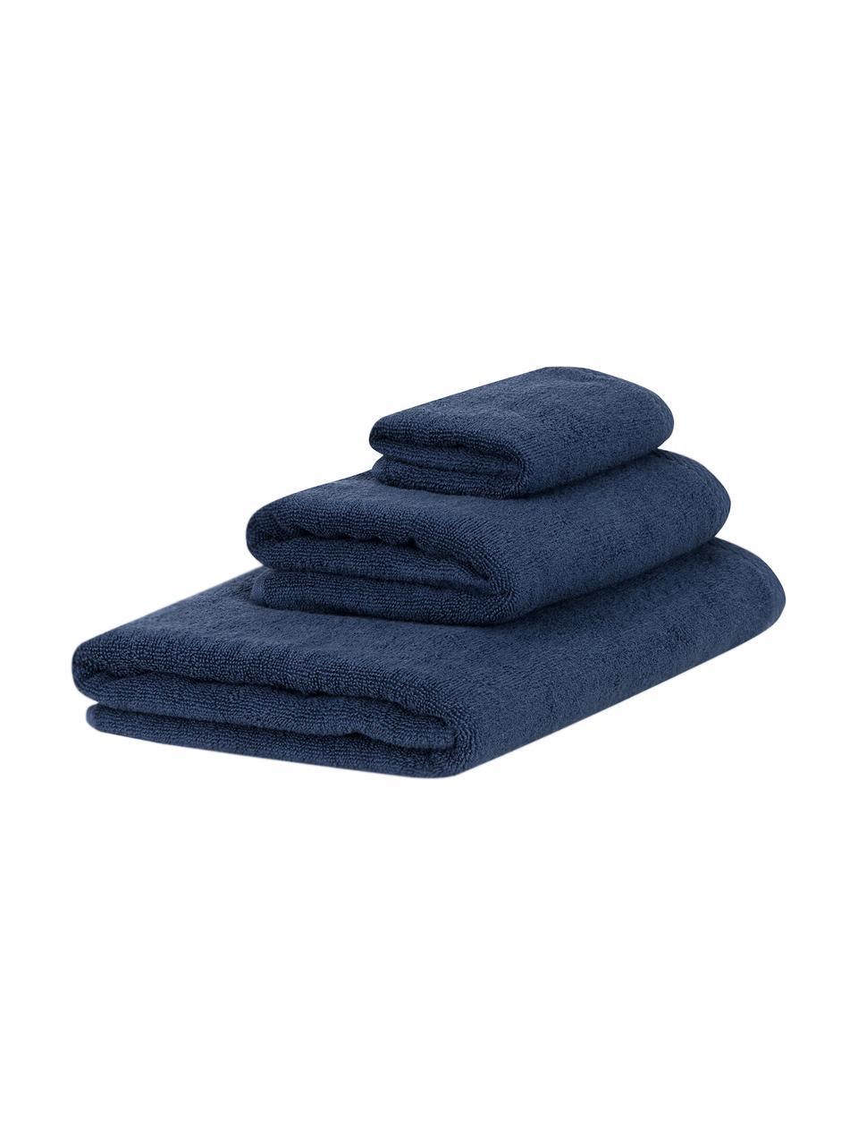 Lot de serviettes de bain unicolore Comfort, 3 élém., Bleu foncé, Lot de différentes tailles