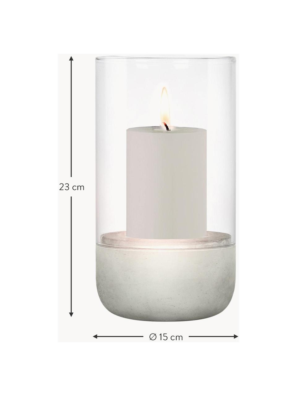 Windlicht Calma aus Glas, H 23 cm, Windlicht: Glas, Sockel: Beton, Off White, Transparent, Ø 15 x H 23 cm