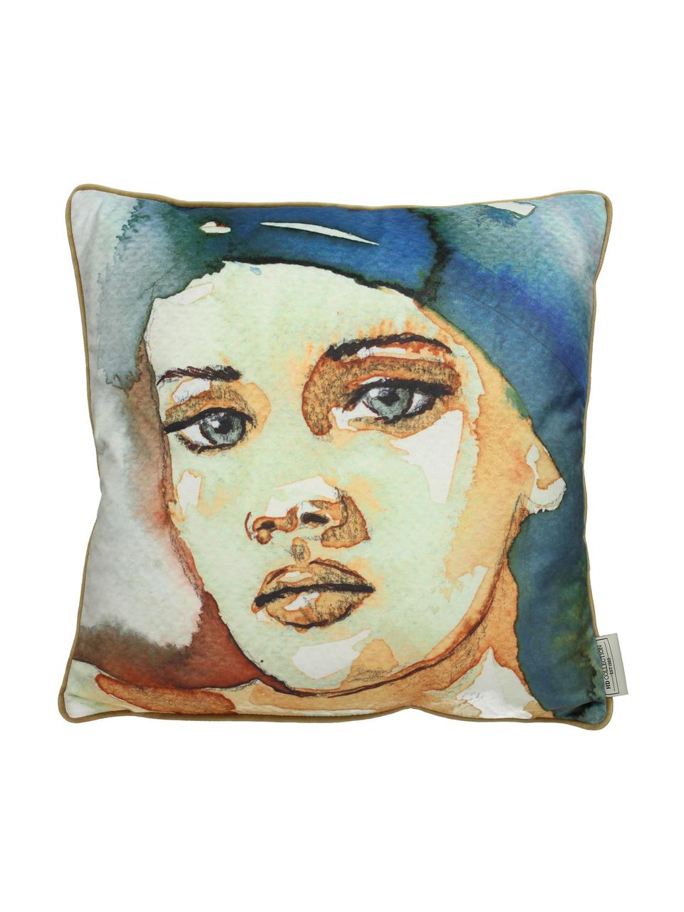 Fluwelen kussen Girl met aquarel print, met vulling, Fluweel, Blauw, beige, 45 x 45 cm