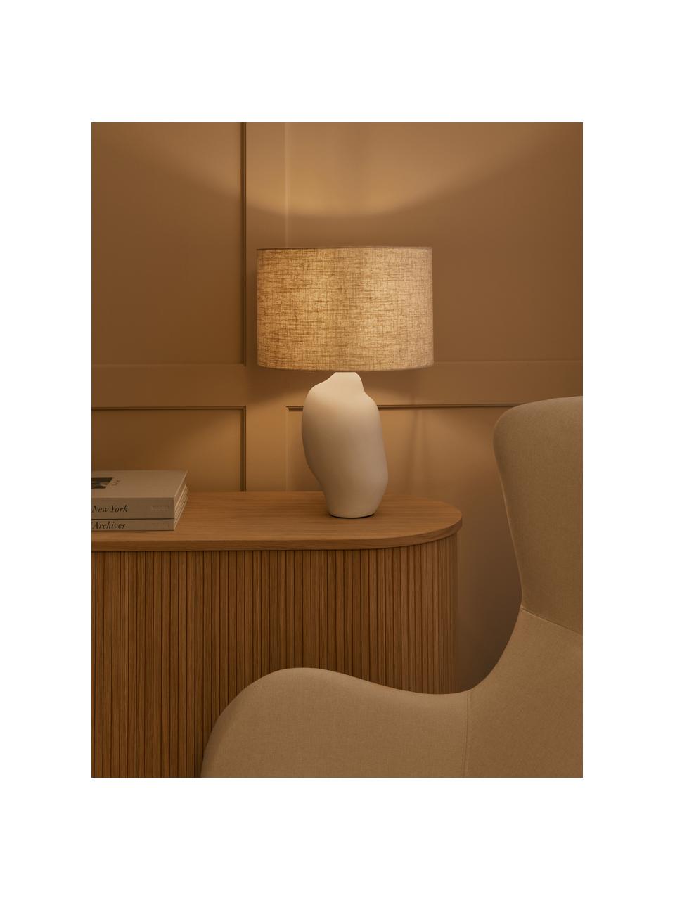 Grote keramische tafellamp Colett in organisch vorm, Lampenkap: linnenmix, Lampvoet: keramiek, Beige, wit, Ø 35 x H 53 cm