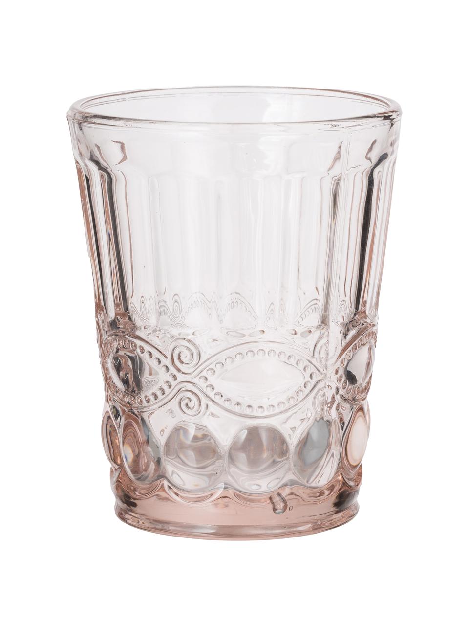 Vasos con relieve Solange, 6 uds., Vidrio, Rosa transparente, Ø 8 x Al 10 cm, 265 ml