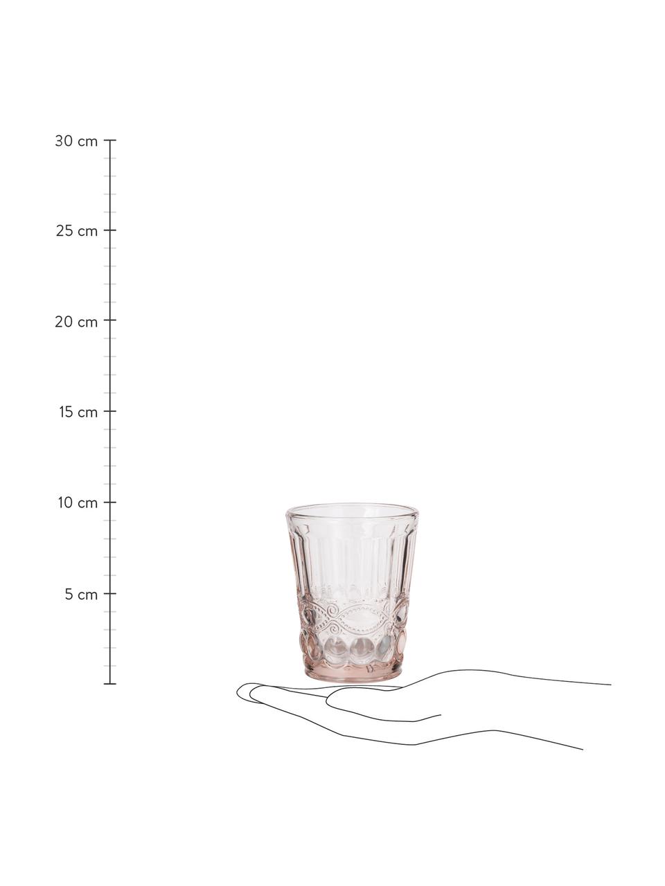 Vasos con relieve Solange, 6 uds., Vidrio, Rosa transparente, Ø 8 x Al 10 cm, 265 ml