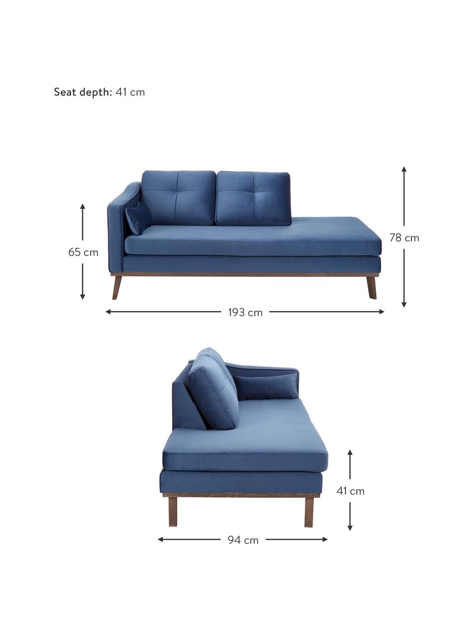 Chaise-longue in velluto blu scuro con schienale Alva, Rivestimento: velluto (copertura in pol, Struttura: legno di pino massiccio, Piedini: legno massello di faggio,, Velluto blu scuro, Larg. 193 x Prof. 94 cm