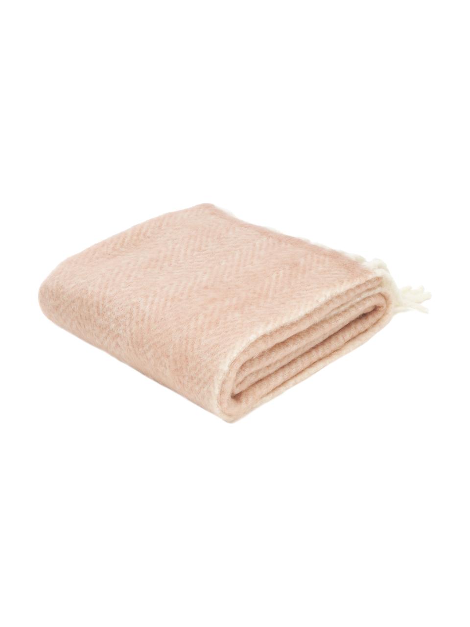 Coperta in lana rosa cipria con frange Mathea, 60% lana, 25% acrilico, 15% nylon, Rosa cipra, Lung. 170 x Larg. 130 cm