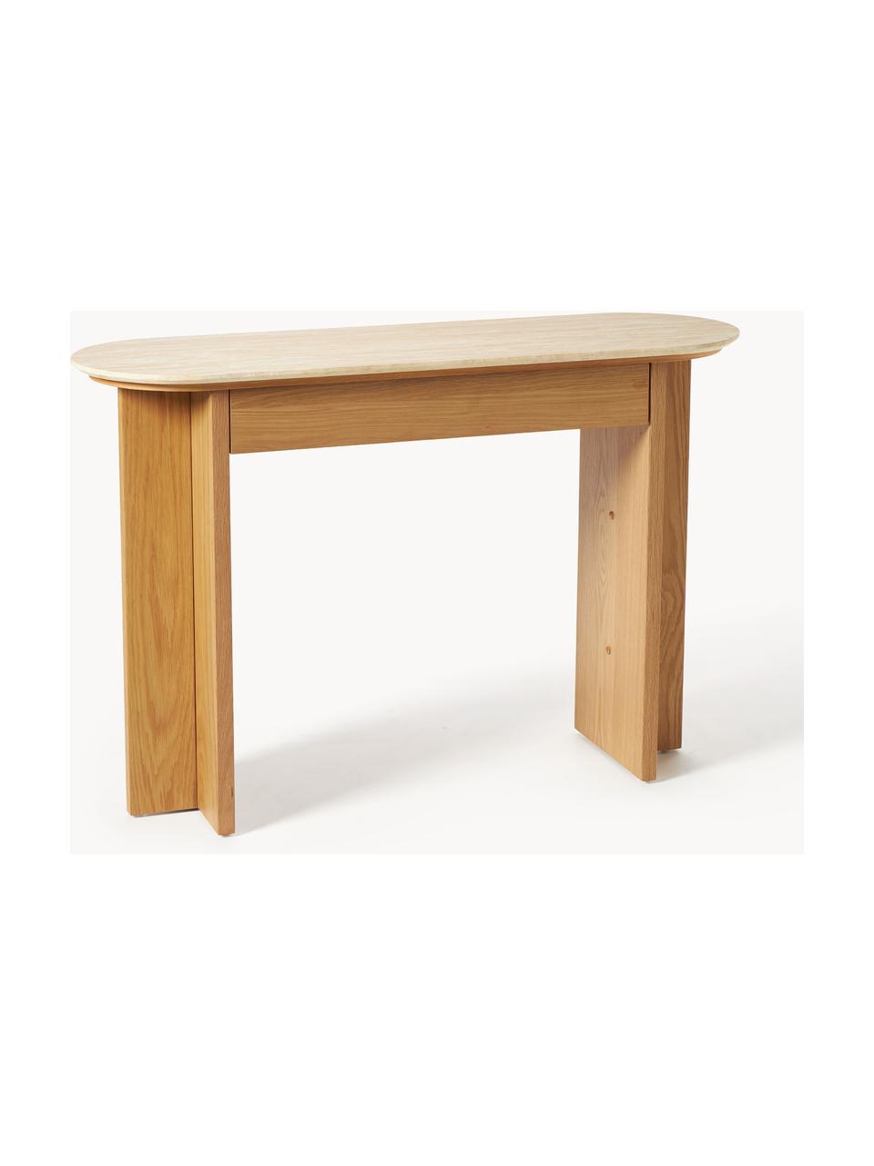 Consola de madera con tablero de travertino Zumi, Estructura: tablero de fibras de dens, Estante: travertino, Madera de roble, travertino tonos beige, An 120 x Al 80 cm