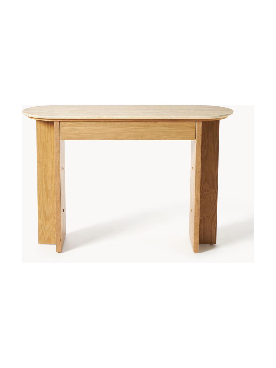 Consola de madera con tablero de travertino Zumi, Estructura: tablero de fibras de dens, Estante: travertino, Madera de roble, travertino tonos beige, An 120 x Al 80 cm