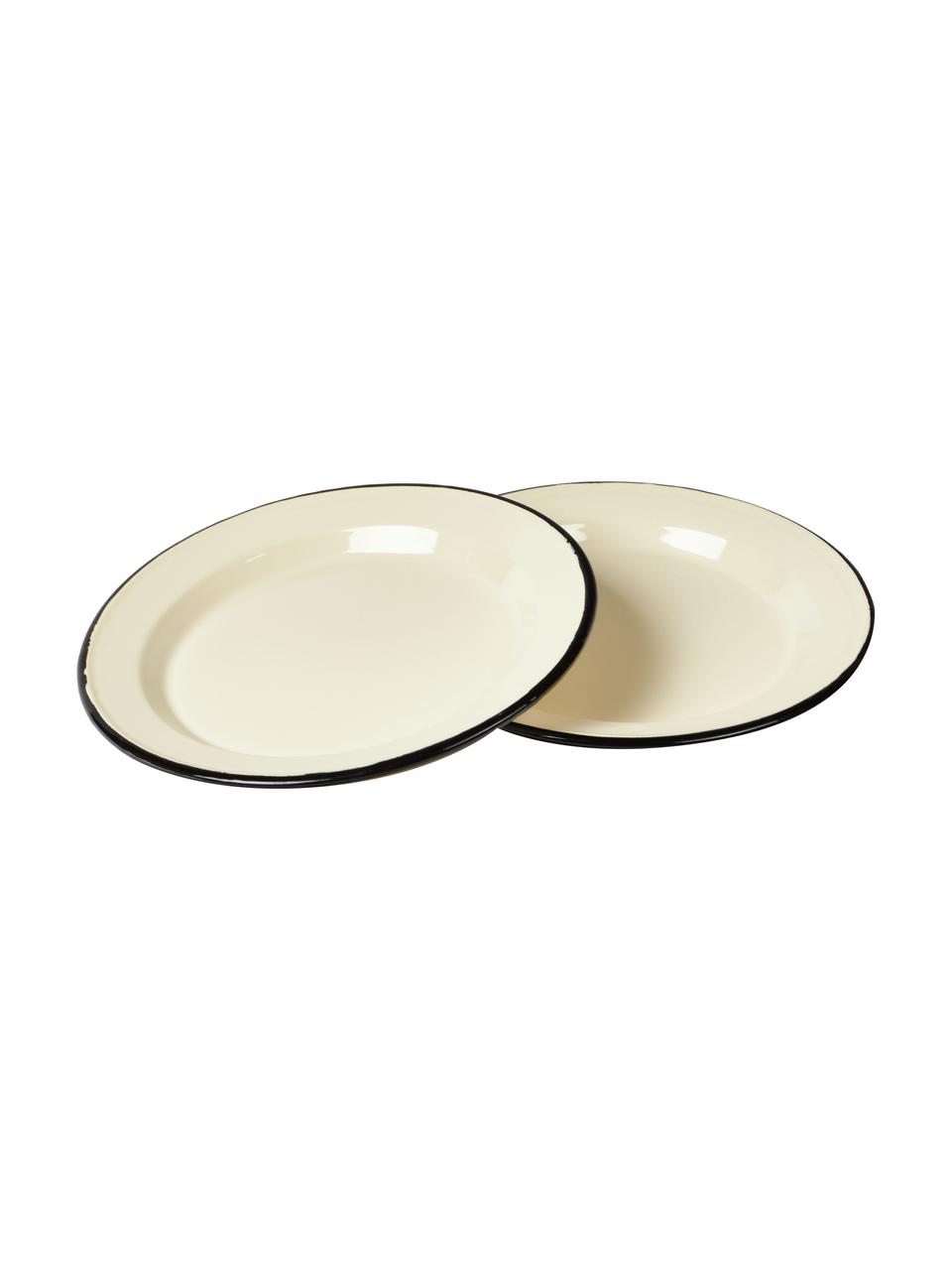 Assiettes plates émaillées avec bord peint main Ginger, 2 élém., Métal avec revêtement en émail, Couleur crème, noir, Ø 26 x haut. 2 cm