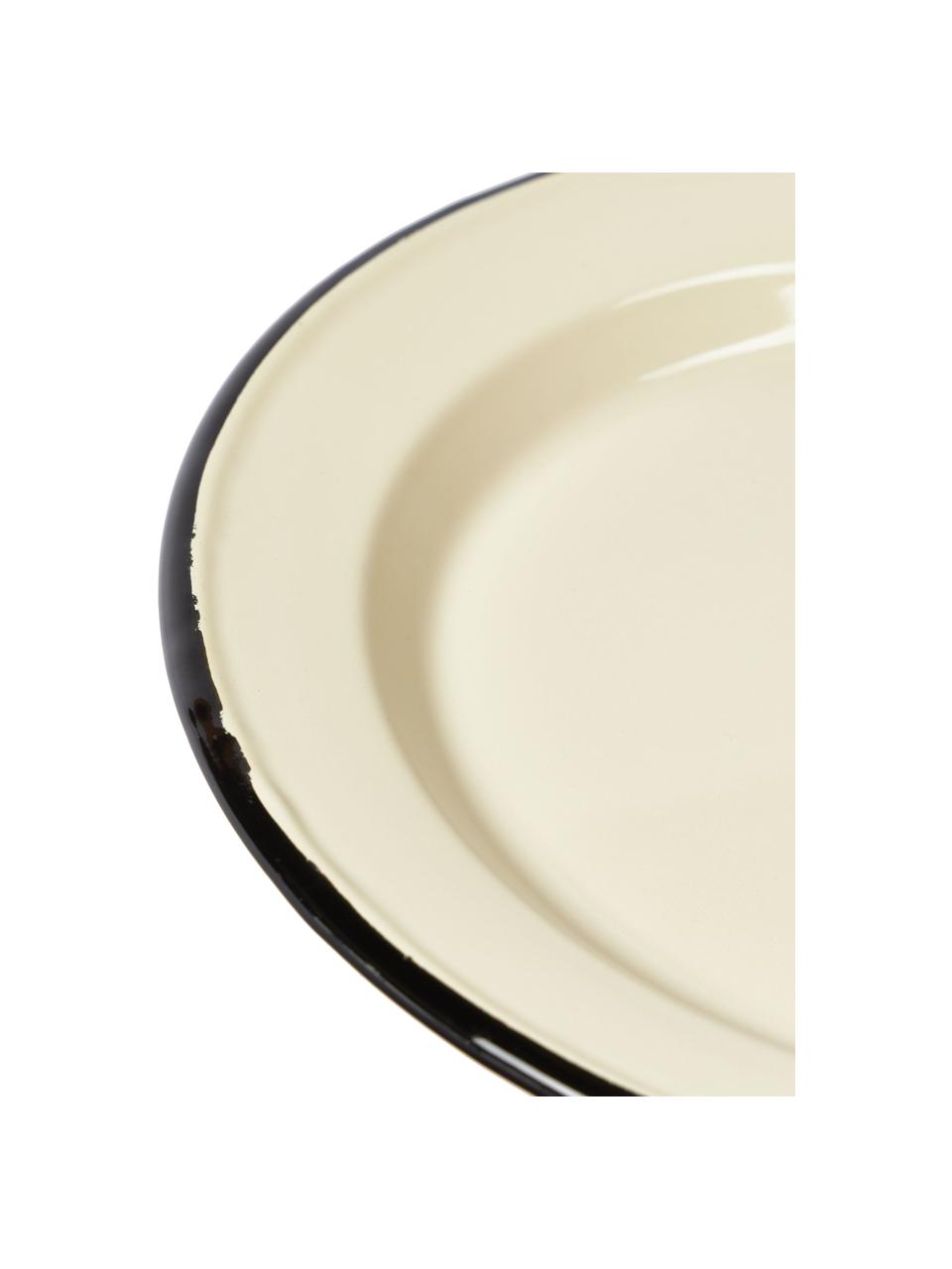 Plytký tanier s ručne maľovaným okrajom Ginger, 2 ks, Kov so smaltovaným povrchom, Krémová, čierna, Ø 26 x V 2 cm