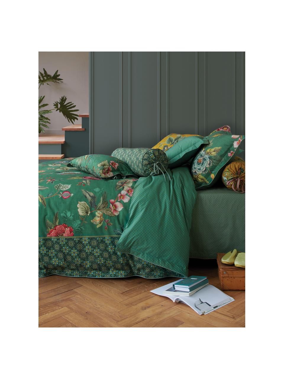 Baumwollperkal-Wendekopfkissenbezug Poppy Stitch, floral/gemustert, Webart: Perkal Fadendichte 200 TC, Grün, Mehrfarbig, 40 x 80 cm