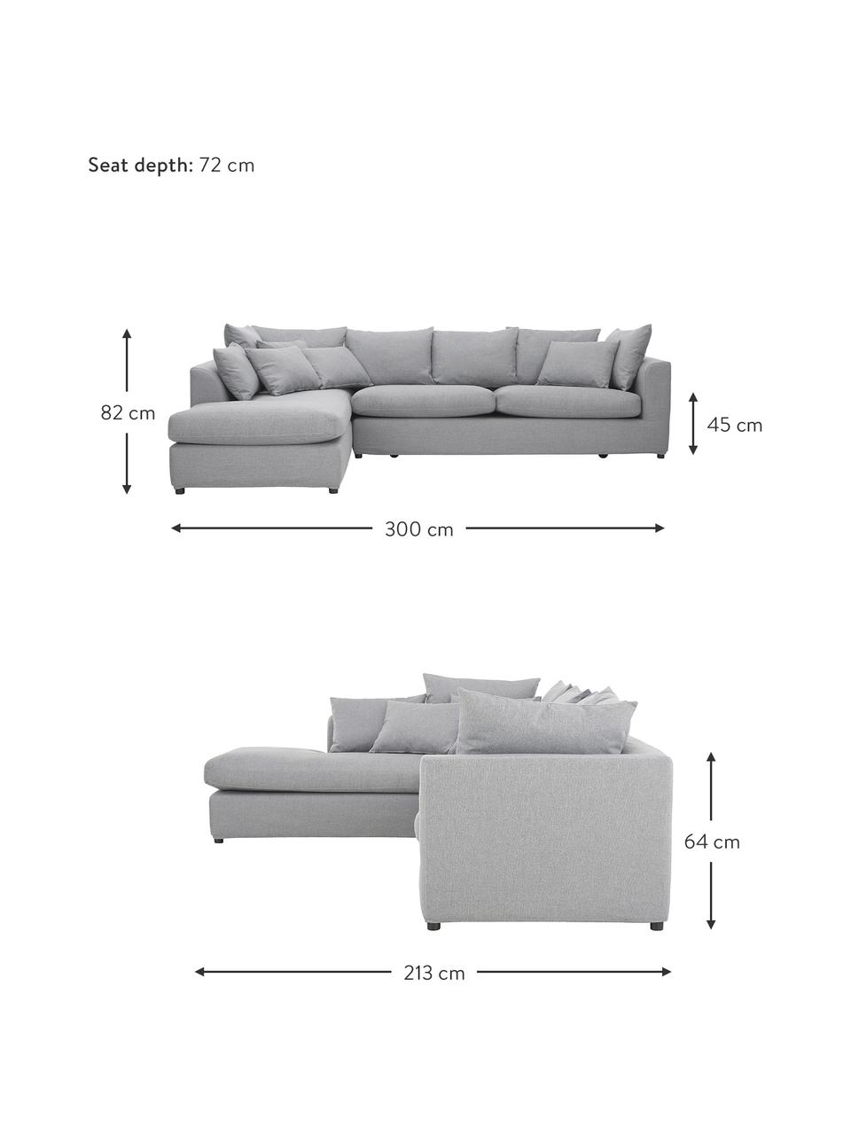 Grand canapé d'angle gris Zach, Tissu gris, larg. 300 x prof. 213 cm, méridienne à gauche