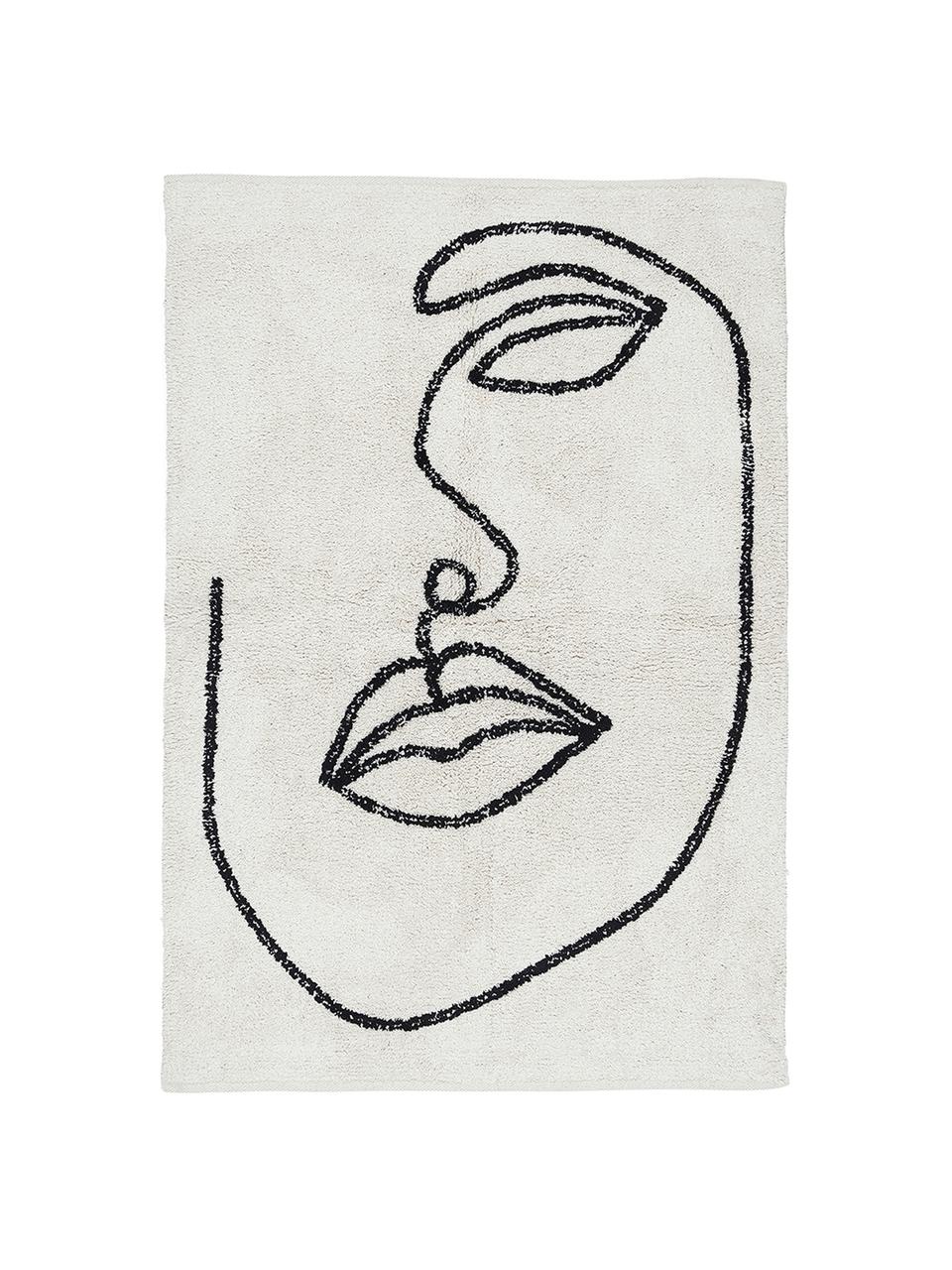 Handgeknüpfter Baumwollteppich Visage mit abstrakter One Line Zeichnung, 100% Bio-Baumwolle, Gebrochenes Weiss, Schwarz, B 90 x L 120 cm (Grösse XS)