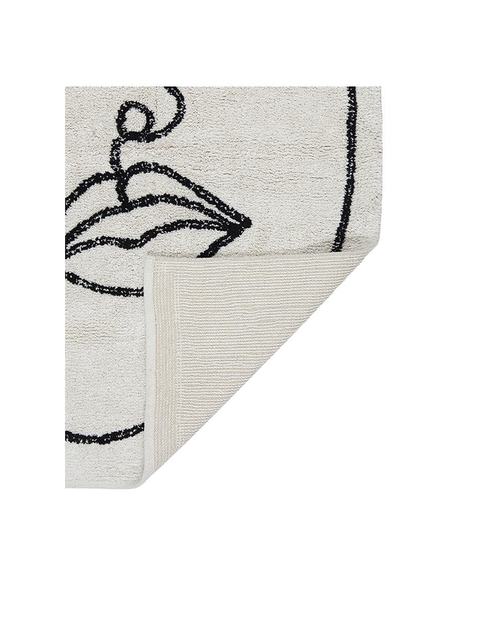 Tapis moderne en coton noué main One Line Visage, Blanc cassé, noir
