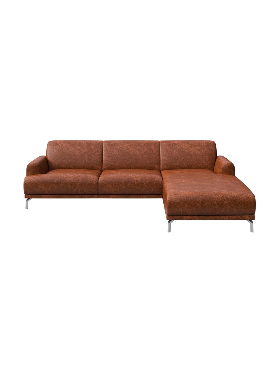 Sofa narożna ze skóry Puzo, Tapicerka: 100% skóra, Nogi: metal lakierowany, Koniakowy z wykończeniem vintage, S 240 x G 165 cm