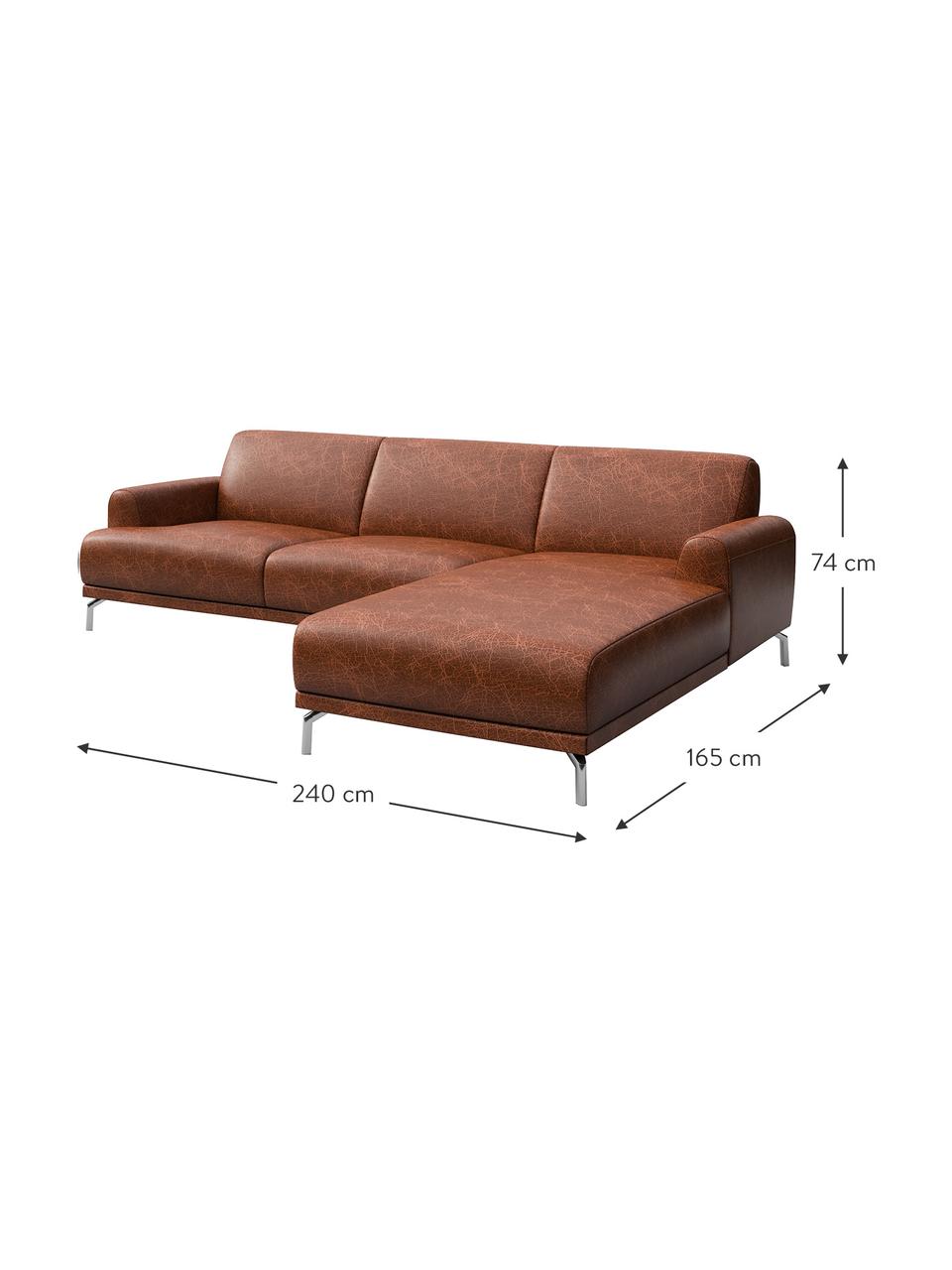 Sofa narożna ze skóry Puzo, Tapicerka: 100% skóra, Nogi: metal lakierowany, Koniakowy z wykończeniem vintage, S 240 x G 165 cm