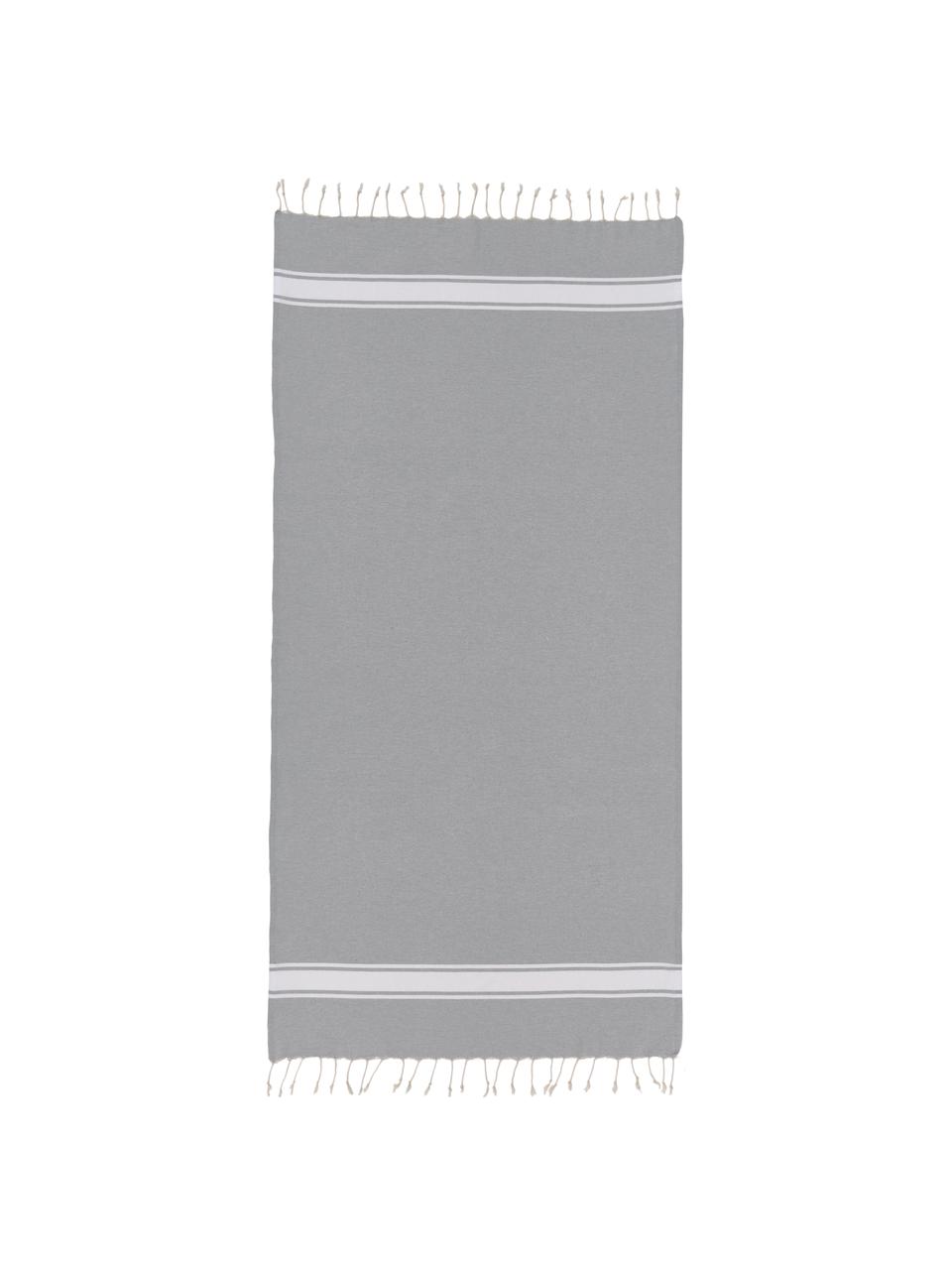 Hamamtuch St Tropez mit Streifen und Fransen, 100% Baumwolle, Grau, Weiss, B 100 x L 200 cm