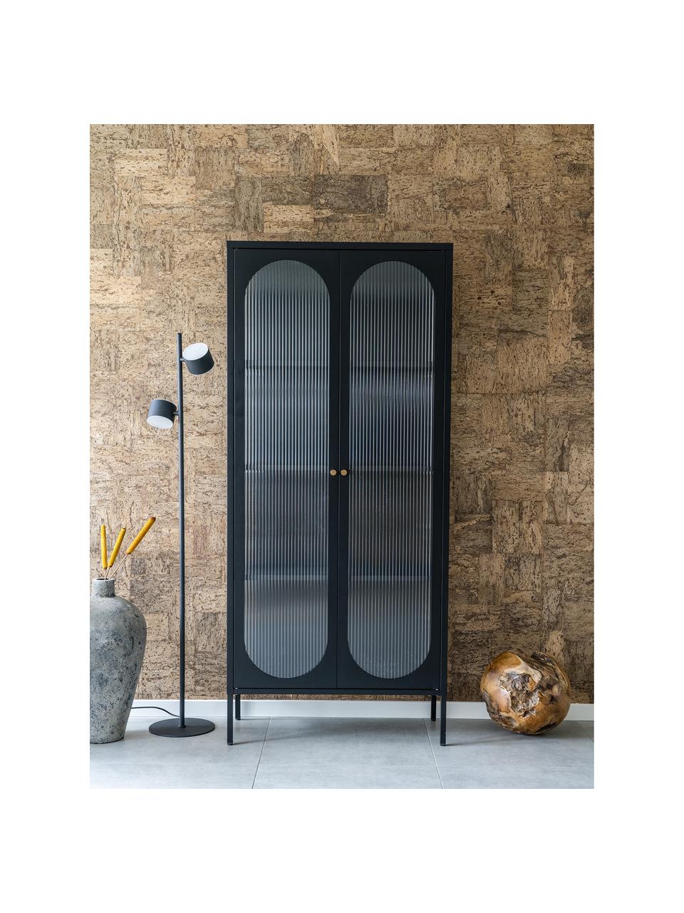 Vitrine avec relief rainuré Adélaïde, Bois de chêne, noir laqué, larg. 80 x haut. 180 cm