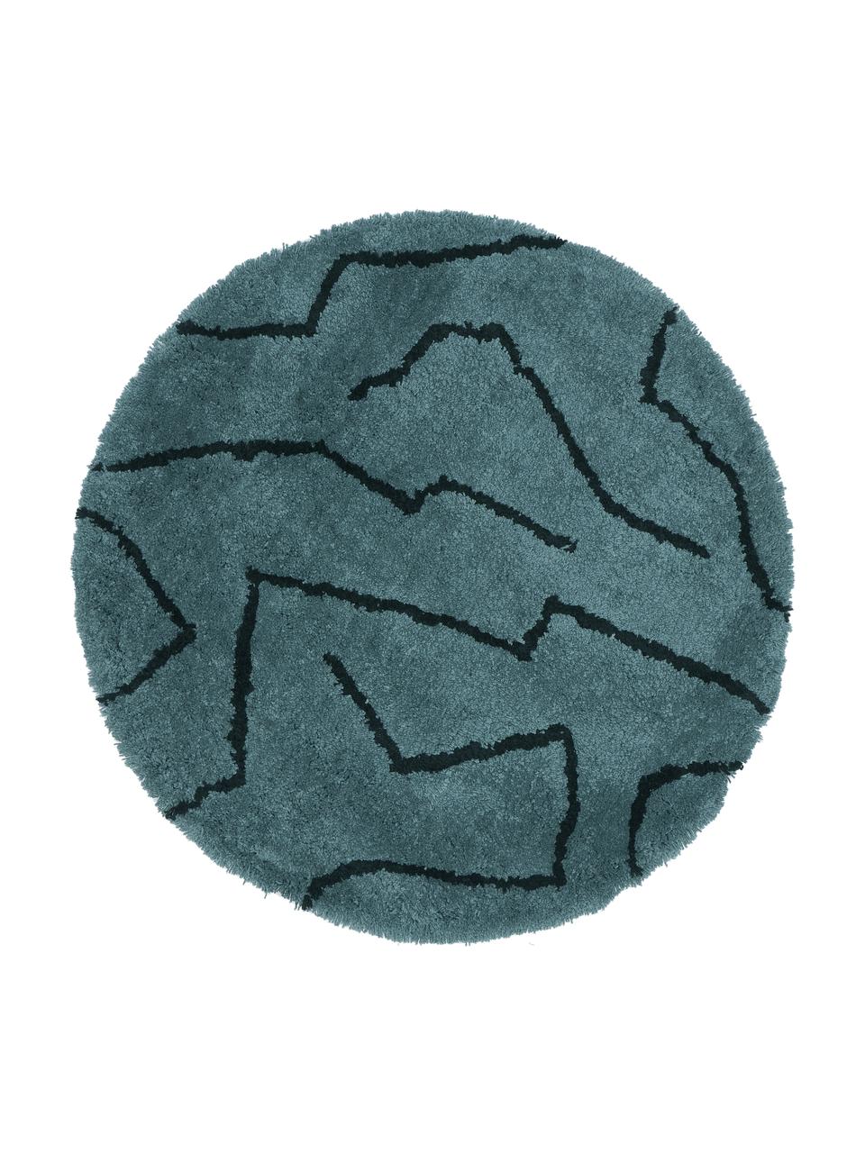Runder Hochflor-Teppich Davin, handgetuftet, Flor: 100% Polyester-Mikrofaser, Petrol, Schwarz, Ø 120 cm (Größe S)