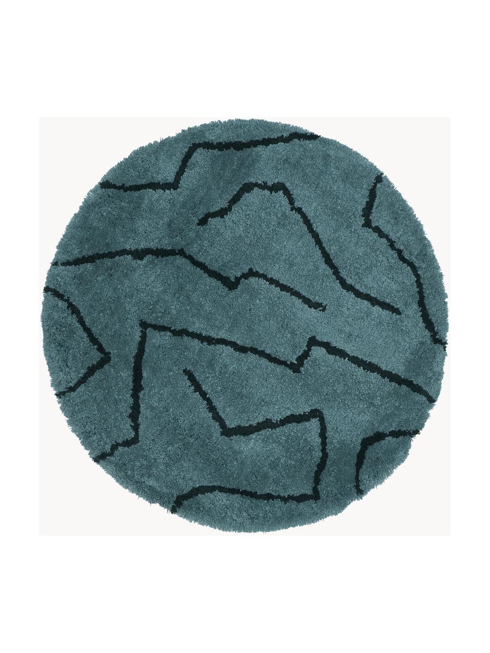 Tapis rond à poils longs tufté à la main Davin, Bleu pétrole, noir, Ø 120 cm (taille S)