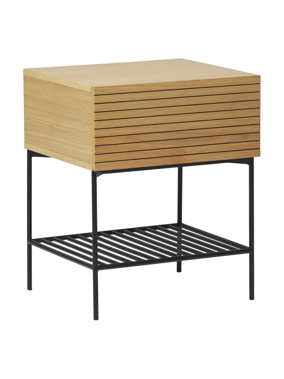 Mesita de noche de madera con cajón Johanna, Estructura: tablero de fibras de dens, Patas: metal con pintura en polv, Madera, negro, An 45 x Al 56 cm