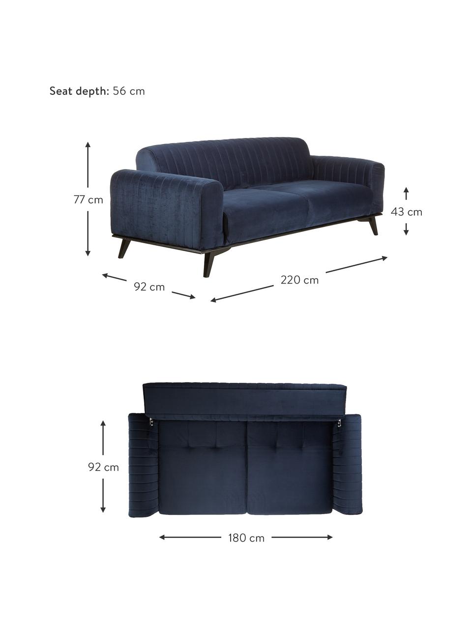 Divano letto 3 posti in velluto blu Lisa, Rivestimento: 100% velluto di poliester, Struttura: legno di betulla, truciol, Piedini: legno, Blu, Larg. 220 x Prof. 92 cm