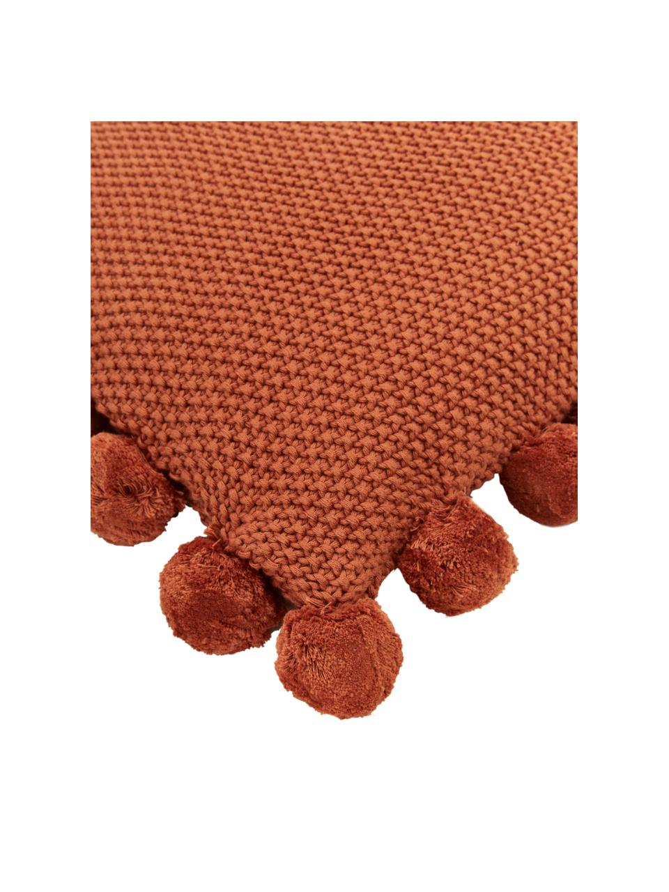 Federa arredo a maglia color ruggine con pompon Molly, 100% cotone, Terracotta, Larg. 40 x Lung. 40 cm