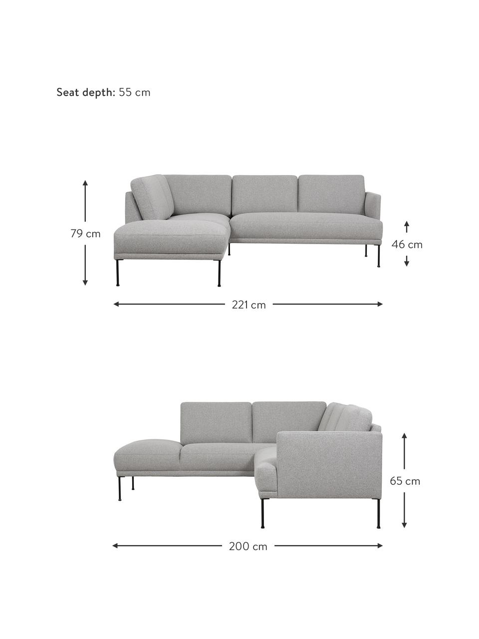 Sofá rinconera Fluente, Tapizado: 80% poliéster, 20% ramio , Estructura: madera de pino maciza, Patas: metal con pintura en polv, Tejido gris claro, An 221 x F 200 cm, chaise longue izquierda