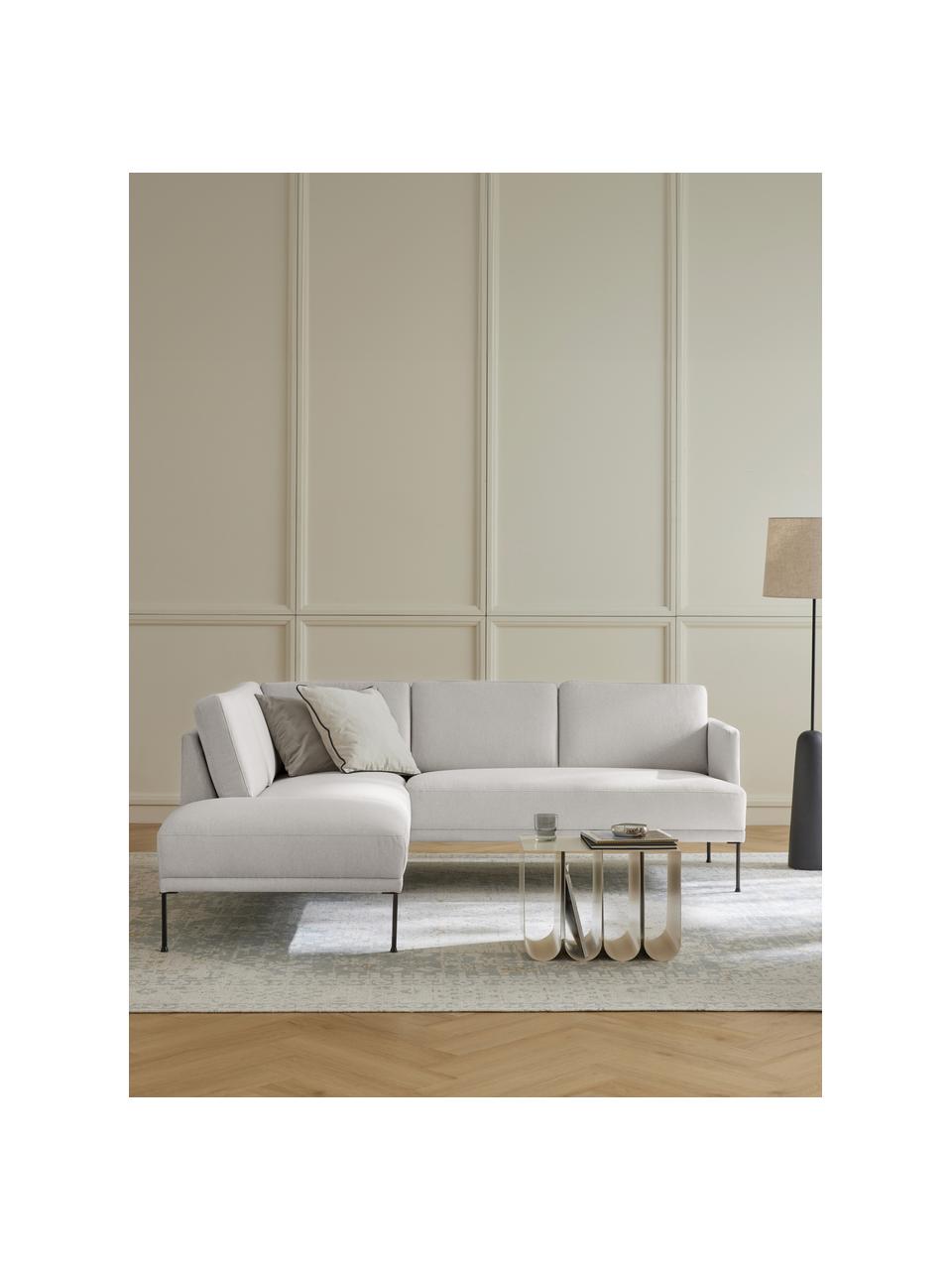 Divano angolare Fluente, Rivestimento: 80% poliestere, 20% Ramie, Struttura: legno di pino massiccio, Piedini: metallo verniciato a polv, Tessuto grigio chiaro, Larg. 221 x Prof. 200 cm, chaise longue a sinistra