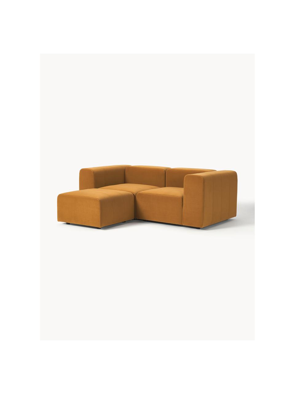 Canapé modulable 3 places en velours avec pouf Lena, Tissu ocre, larg. 209 x prof. 181 cm