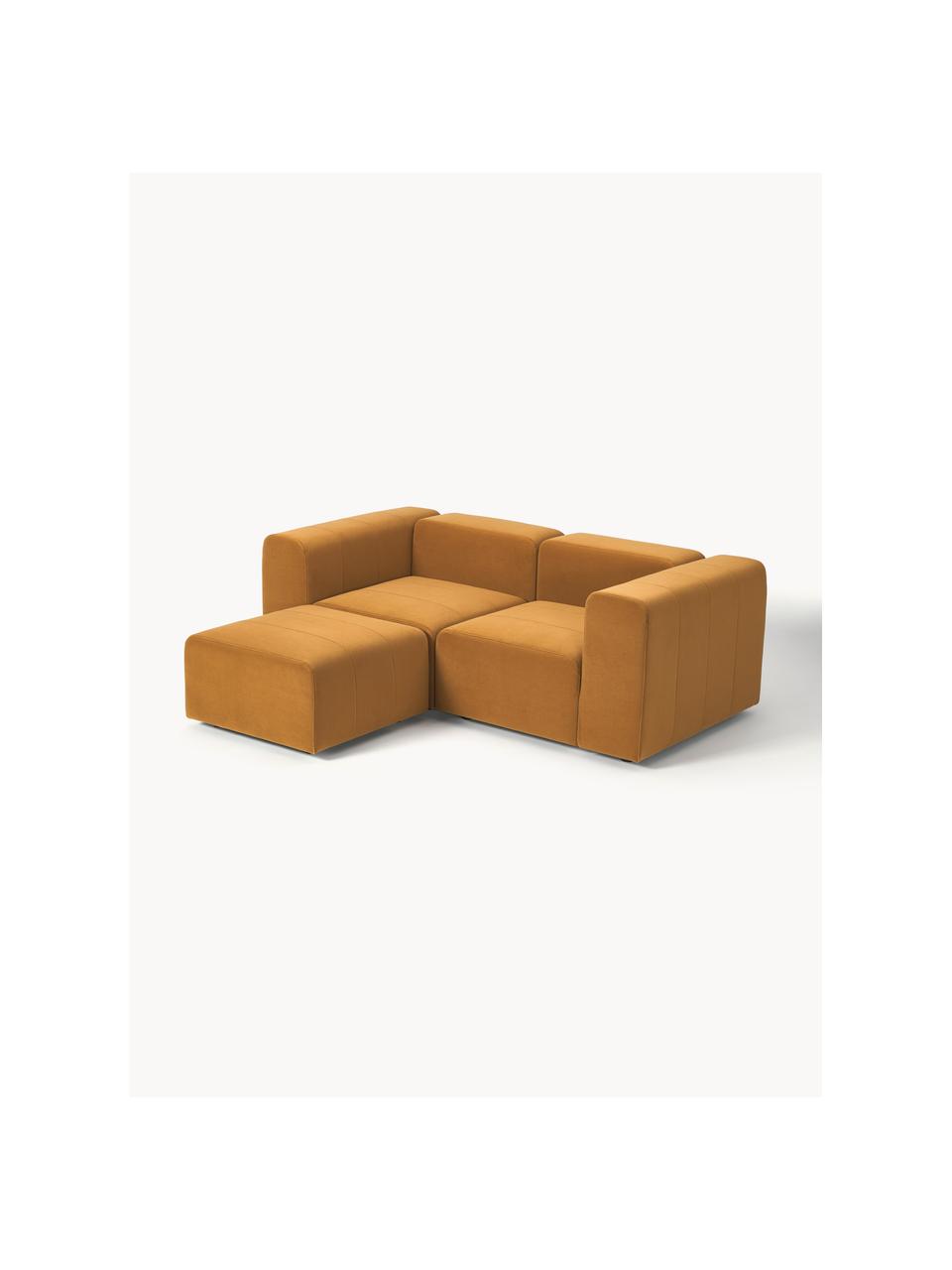 Modulares Samt-Sofa Lena (3-Sitzer) mit Hocker, Bezug: Samt (100 % Polyester) De, Gestell: Kiefernholz, Schichtholz,, Samt Ockergelb, B 209 x T 181 cm