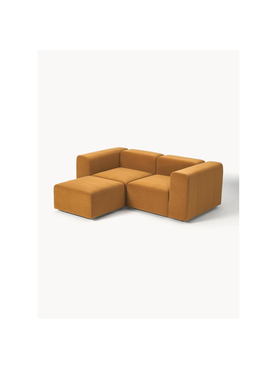 Modulares Samt-Sofa Lena (3-Sitzer) mit Hocker, Bezug: Samt (100 % Polyester) De, Gestell: Kiefernholz, Schichtholz,, Füße: Kunststoff, Samt Ockergelb, B 209 x T 181 cm