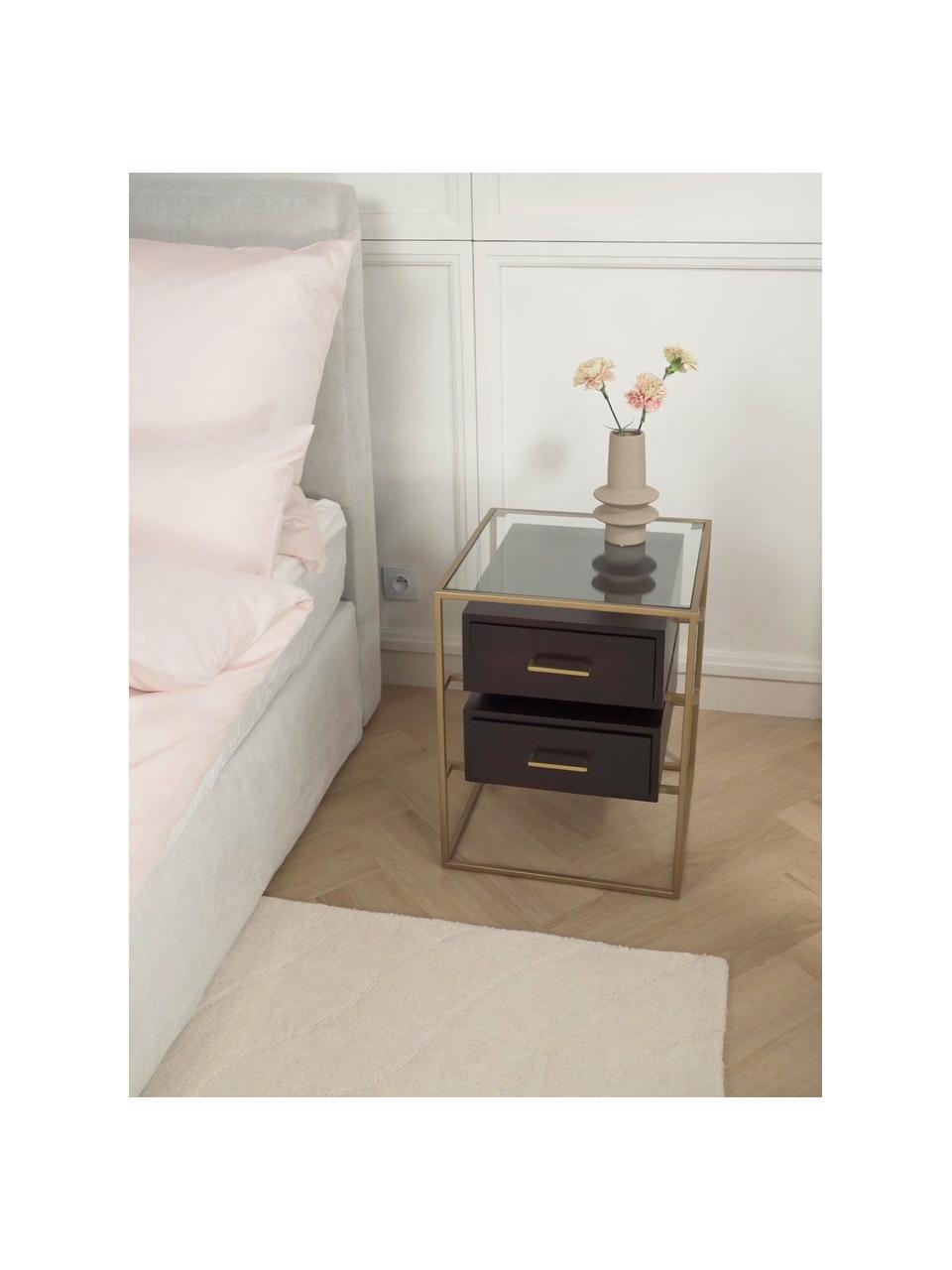 Noční stolek se skleněnou deskou Lyle, Tmavé mangové dřevo, zlatá, Š 45 cm, V 58 cm