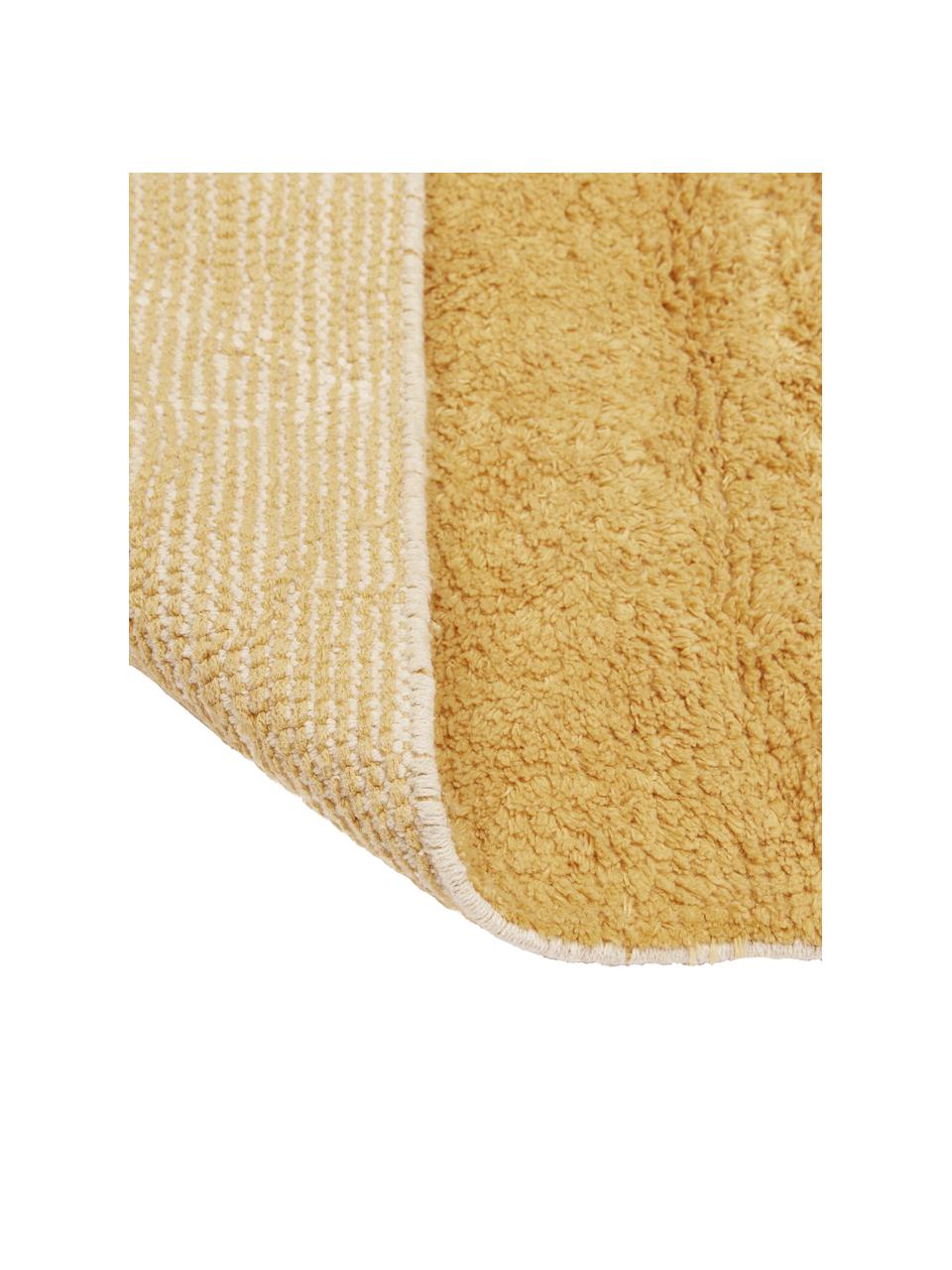 Ručně tkaný bavlněný koberec s klikatým vzorem a třásněmi Asisa, Hořčicově žlutá, béžová, Š 200 cm, D 300 cm (velikost L)