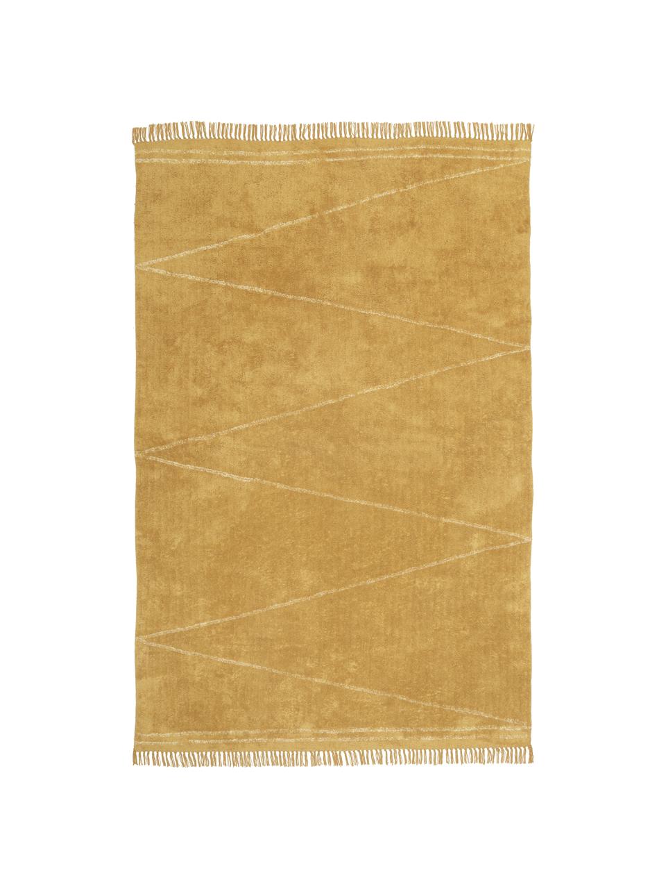 Handgetufteter Baumwollteppich Asisa mit Zickzack-Muster und Fransen, Senfgelb, Beige, B 200 x L 300 cm (Größe L)