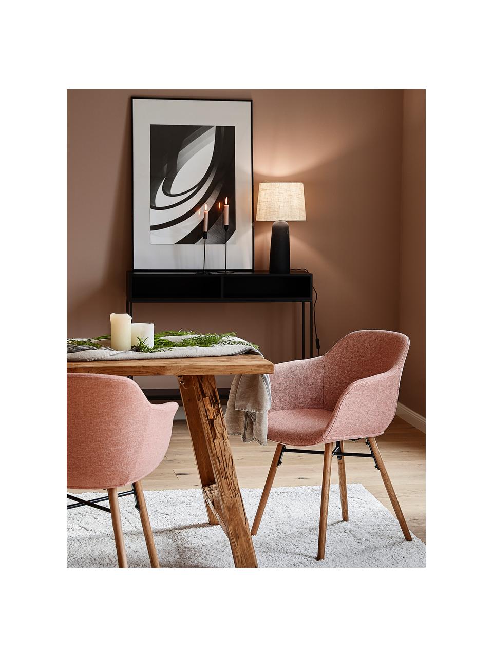 Krzesło z podłokietnikami i drewnianymi nogami Fiji, Tapicerka: poliester Dzięki tkaninie, Nogi: lite drewno dębowe, Blady różowy, drewno dębowe, S 59 x G 55 cm