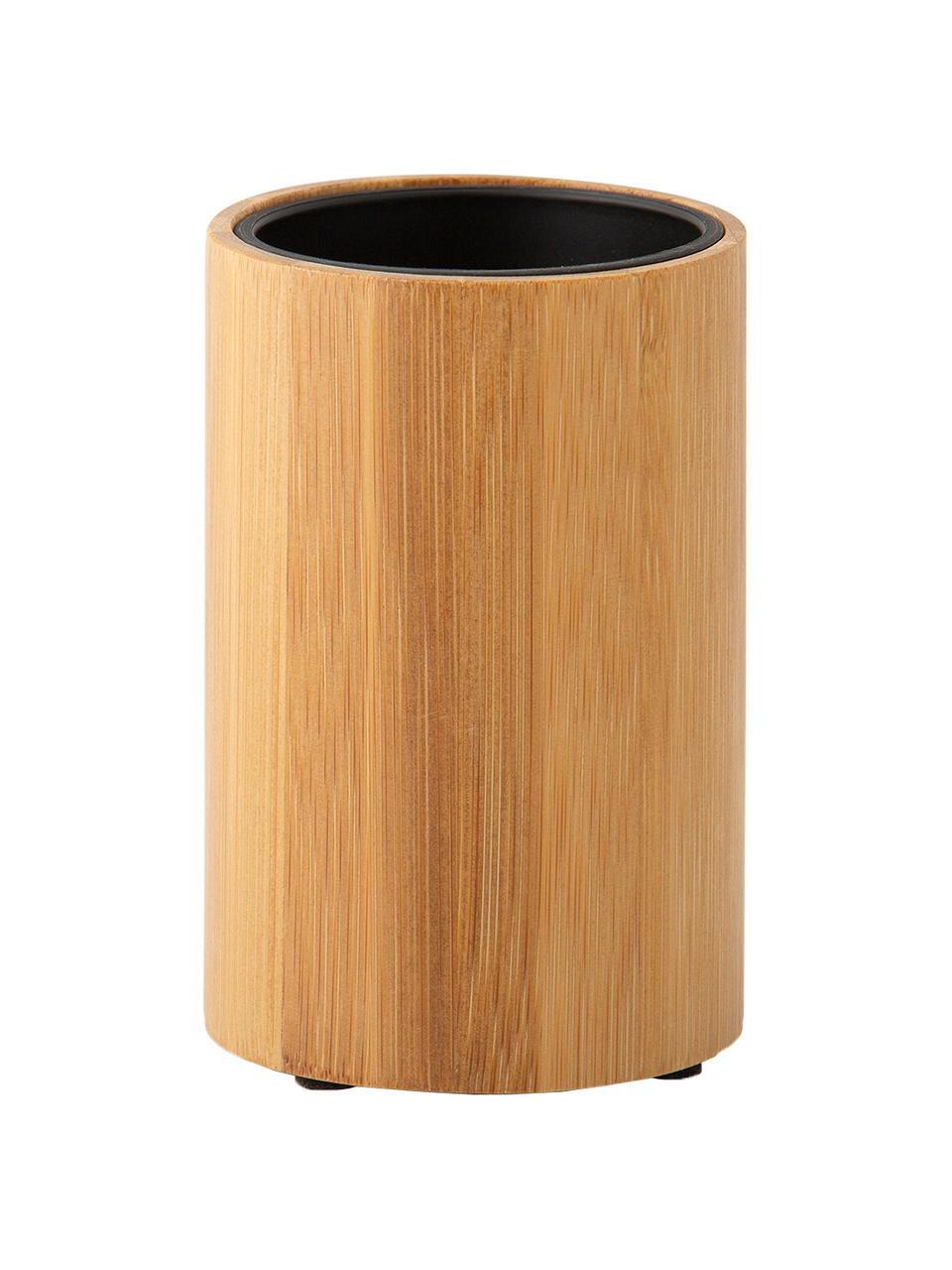 Vaso cepillo de dientes Beckton, Exterior: madera de bambú, Interior: polipropileno, Bambú, negro, Ø 7 x Al 11 cm