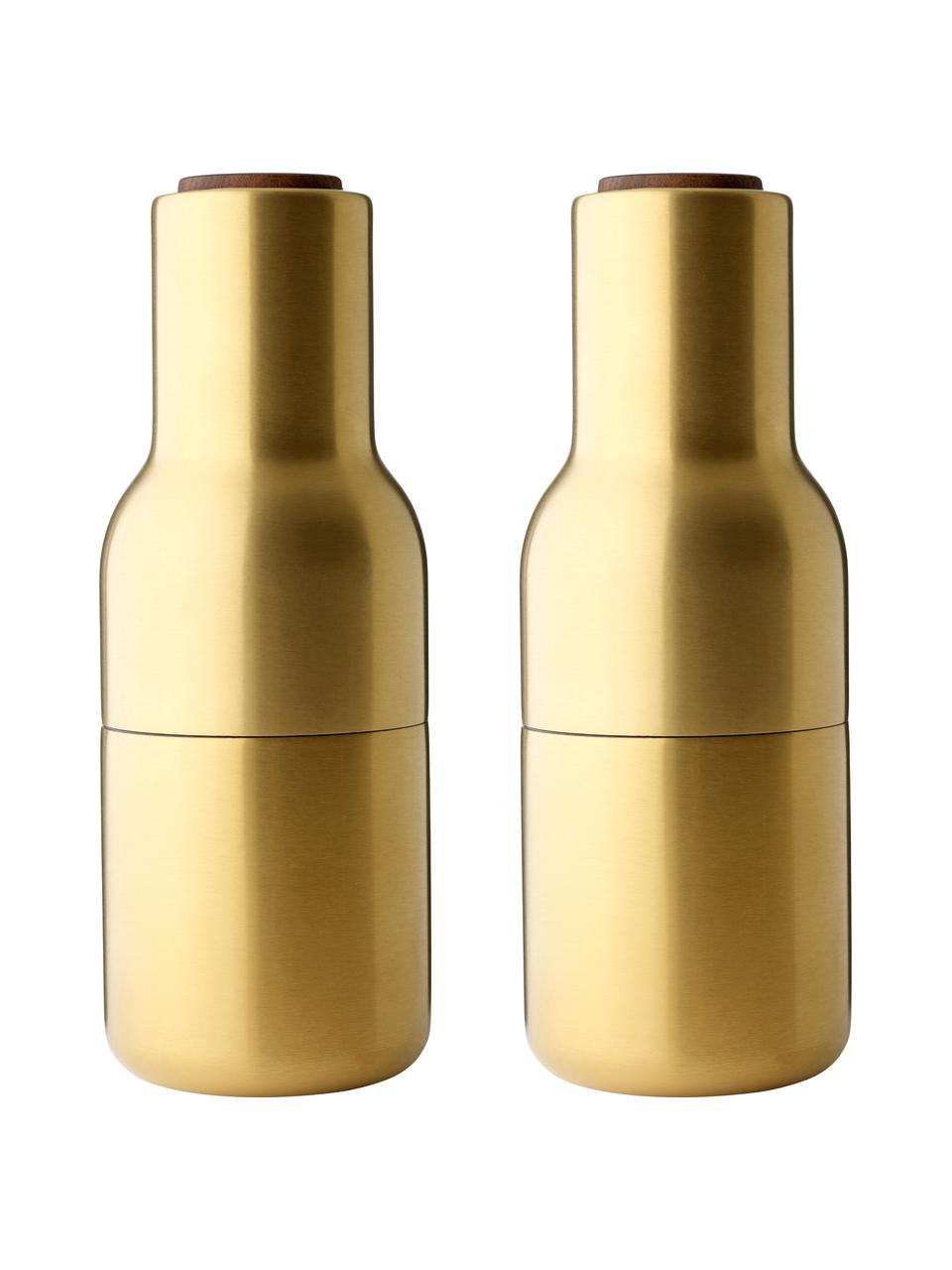 Set 2 macina spezie dorati con coperchio in legno di noce Bottle Grinder, Coperchio: legno di noce, Ottonato, Ø 8 x Alt. 21 cm