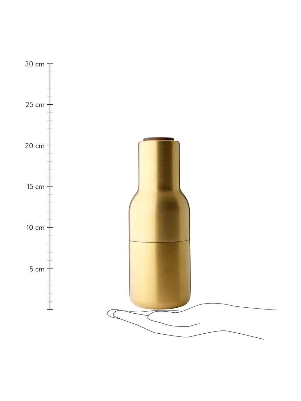 Designer Salz- & Pfeffermühle Bottle Grinder in Gold mit Walnussholzdeckel, Korpus: Stahl, vermessingt und ge, Mahlwerk: Keramik, Deckel: Walnussbaumholz, Messingfarben, Ø 8 x H 21 cm