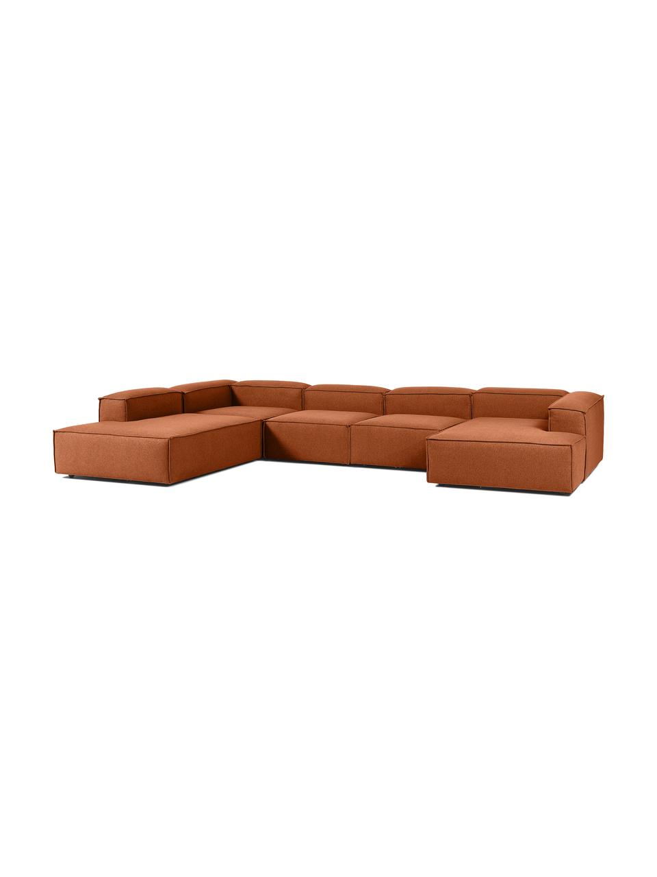 Canapé lounge modulable Lennon, Tissu terracotta, larg. 418 x prof. 68 cm, méridienne à gauche