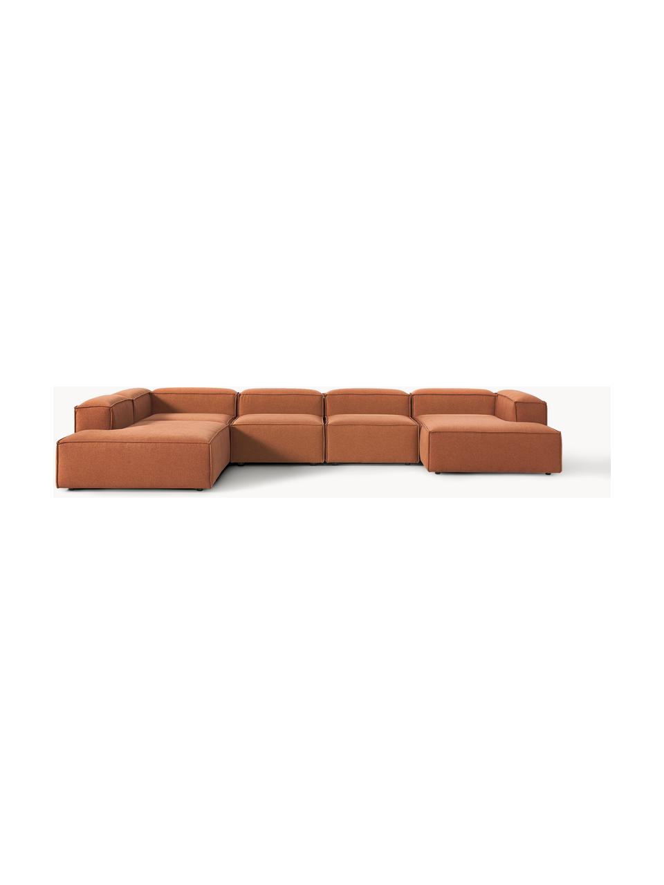 Canapé lounge modulable Lennon, Tissu terracotta, larg. 418 x prof. 269 cm, méridienne à droite