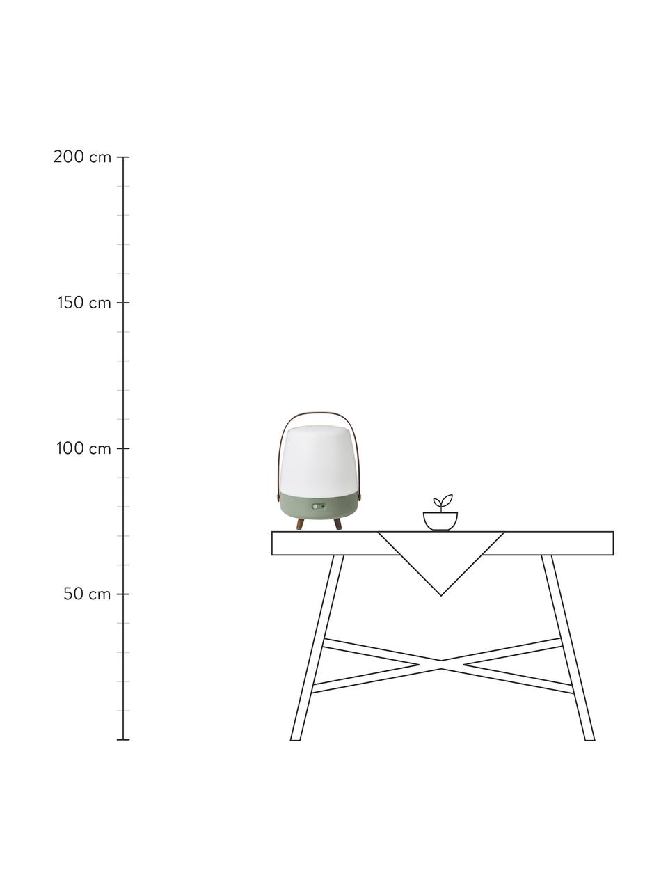 Lámpara de mesa con altavoz para exterior Lite-up Play, portátil con Bluetooth, Pantalla: plástico, Estructura: madera, silicona, Asa: madera, Patas: caucho de silicona, mader, Verde oliva, Ø 29 x Al 40 cm